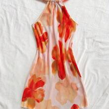 YijiaNvz  Vestido mini plisado con estampado floral y cuello de halter para mujer, silueta ajustada, ideal para vacaciones, citas, té de tarde, vacaciones, festivales de música, estilo bohemio, primavera/verano - Multicolor - Ver 6