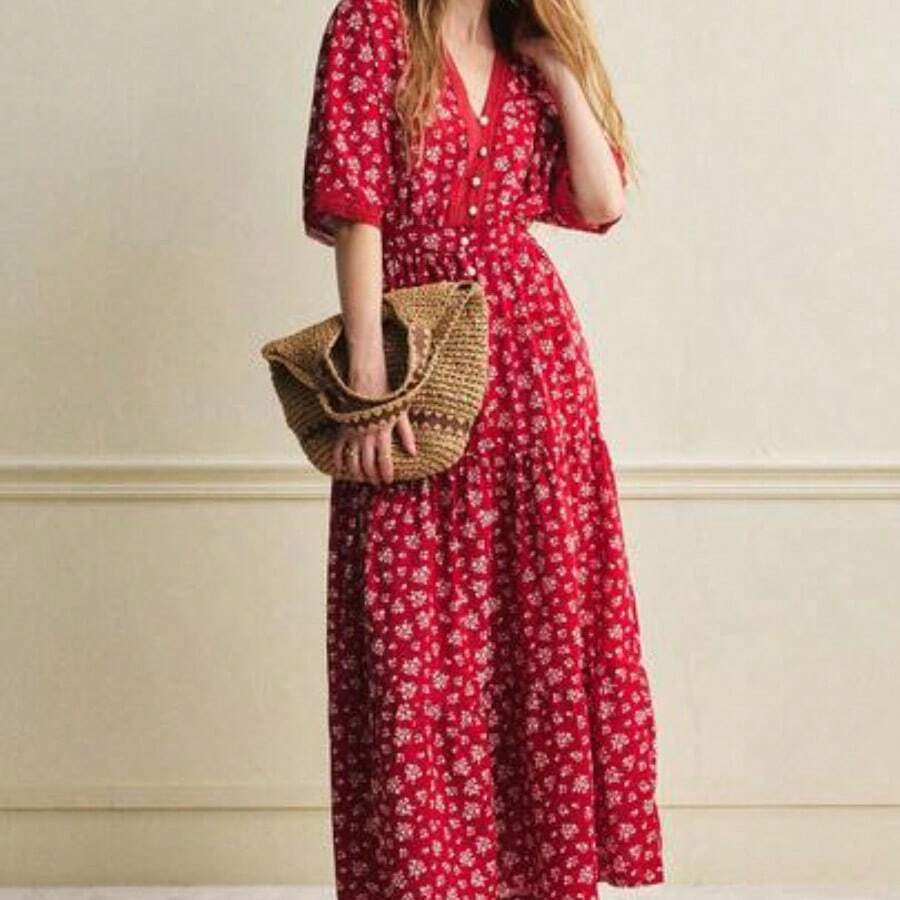 guang zhou mi qian shang mao Vestido de encaje con estampado floral diminuto elegante, adecuado para vacaciones y uso diario, primavera/verano - Rojo - Ver 1
