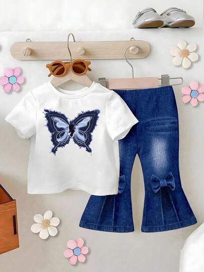 2 pièces Ensemble T-shirt en jean pour bébé fille, Pantalon évasé à imprimé papillon, Imprimé lettre bleue, Mignon et dynamique, Tenue polyvalente, Convient pour la sortie, Toutes saisons