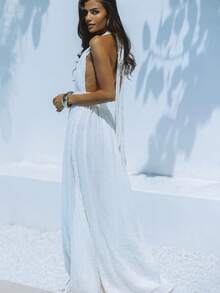 Vestido liso espalda descubierta con lazos cinturón falda amplia ideal para vacaciones - Blanco - Ver 2
