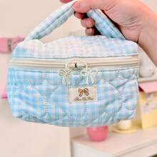 1pc Multi-Color INS Style Versatile Pouch, Plaid & Floral Patchwork Heart Design, Bow Decor Zipper Closure, Casual Foldable Lightweight Carry-On Bag, Cosmetic Organizer, Jewelry Storage Pouch, Multi-Functional Women's Toiletry Bag - Multicolor - View 5