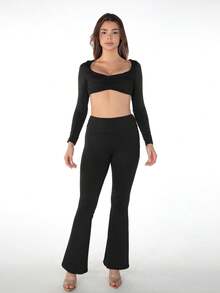 Bộ 2 món áo crop top cổ tròn và quần dài màu đen thanh lịch dành cho nữ, thích hợp cho mùa xuân. - màu đen - Xem 1