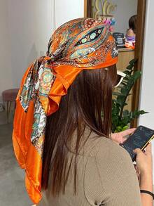 Women's Large Square Satin Scarf 90x90 Elegant Fashion Bandana For Hair And Neck - L5-laranja - 查看 3