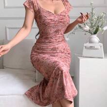 guang zhou mi qian shang mao  Vestido ajustado con estampado floral casual para mujeres, vestidos casuales para cumpleaños, ropa de mujer, vestidos de verano para el trabajo, vestido de graduación, vestidos elegantes para mujeres - Púrpura malva - Ver 2