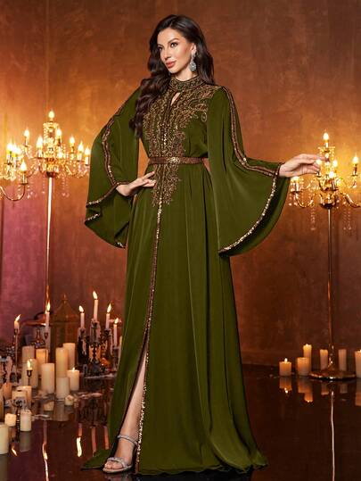  UNITHORSE Women's Stand Collar Ruffle Sleeve Luxury Lace Satin High Slit Maxi Evening Dress Spring