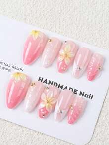 10 chiếc móng tay giả dán sẵn hình hạnh nhân bóng thủ công, móng acrylic giả gradient hồng với trang trí hoa 3D & đá rhinestone, phong cách coquette ngọt ngào, làm thon tay & nhẹ, dùng hàng ngày & hẹn hò, nghệ thuật móng hoa bán chạy - Hồng - Xem 6