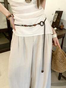 1pc Coffee Color Women's Polyester Beaded Braided Waist Rope - Coffee - View 1