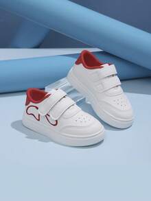 1 Pair Non-Slip Wear-Resistant Breathable Flat Hook And Loop White Sneakers With Distinctive Logo, Suitable For Matching With Skirts - Red and White - View 4
