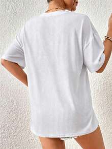 Camiseta Gráfica de Verano para Mujer, Estilo Casual, Ajuste Holgado, Estampado de Tortuga y Letras, Talla Grande - Blanco - Ver 2