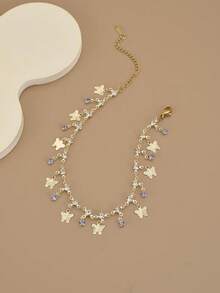 1pc Luxurious Colorful Rhinestone Butterfly Decor Stainless Steel Double Layer Anklet Bracelet For Women, Suitable For Spring And Summer - Yellow Gold - View 8