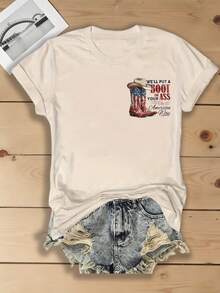 Women's Red White & Blue American Flag Cowboy Boots Western Letter Double‑Sided Print T‑Shirt,180G Casual Summer Tops,Summer Outfit,4th Of July Outfit - 杏色5 - 查看 2