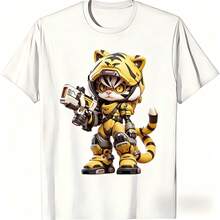 Camiseta informal de mujer de algodón de manga corta y cuello redondo con estampado de tigre. - Blanco - Ver 1