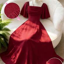 guang zhou mi qian shang mao  Nuevo vestido elegante con cuello cuadrado, frente plisado, espalda descubierta y cintura ceñida de gasa para mujeres - Burdeos - Ver 8