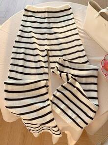 Pantalones casuales de punto con estampado de rayas blancas y negras y cintura con cordón para mujer - Blanco y Negro - Ver 2