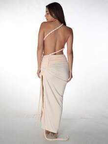 Women's Summer Solid Color Patchwork Backless Side Slit Ruched Long Dress, Fitted Sexy Elegant Party Gown - Apricot - View 7