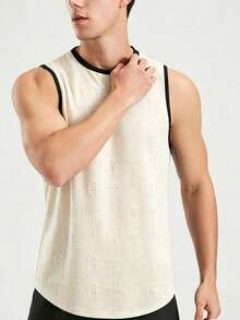 Men's Round Neck Sleeveless Sports Tank Top, Embossed Letter Breathable Fitness Shirt - Apricot - View 2