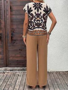 Conjunto de 2 piezas de top y pantalones con estampado vintage casual para vacaciones de mujer, conjunto de atuendo de vacaciones, conjunto de atuendos casuales de mujer, conjunto de atuendos de verano de mujer, conjunto bohemio para mujer, coords para mujer, pantalones y top, atuendo casual de playa para mujer, top conservador - Multicolor 5 - Ver 2