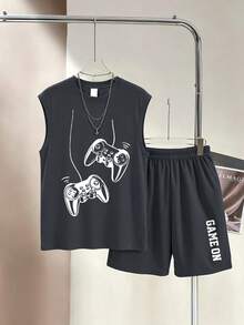 2pcs Set Pakaian Anak Laki-Laki Tanpa Lengan Leher Bulat dengan Motif Konsol Game Anak-Anak dan Celana Pendek Kasual Sederhana, Set Liburan Musim Panas Baru - Dark Grey - View 1