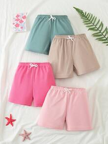 4pcs Girls Casual Shorts, Thin Fabric, Decorative Drawstring, Suitable For Girls & Boys Aged 4-12, Summer - Multicolor - View 1