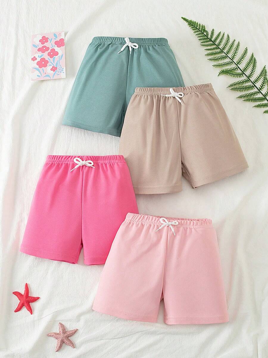 4pcs Girls Casual Shorts, Thin Fabric, Decorative Drawstring, Suitable For Girls & Boys Aged 4-12, Summer - Multicolor - View 1