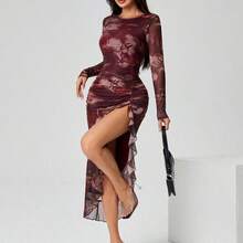 guangzhougaolangshangmao  PETITE Vestido de fiesta asimétrico con abertura y hoja de loto para mujer - Rosa vieja - Ver 6