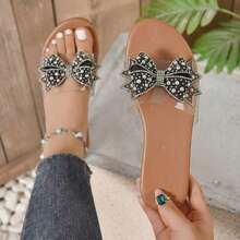 2026 Summer Plus Size Women's Fashion Transparent Strap Casual Flat Slippers, Simple Design With Bow And Rhinestone Decor, Luxury Versatile Beach Holiday Sandals - Black - View 8