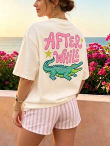 Women's Fun Crocodile Graphic Tee See You Later After A While Letter Print T-Shirt Short Sleeve Round Neck SummerTop Streetwear Aesthetic  GraphicTee - 杏色 - 查看 3