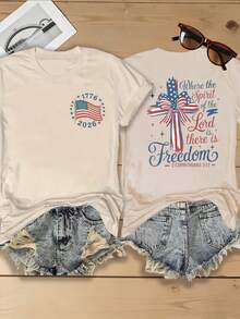 Women's 1776‑2026 USA Flag Cross Bow Freedom Letter Double‑Sided Print T‑Shirt, 180G Casual Summer Tops,Summer Outfits For Women, 4th Of July Outfit - 杏色4 - 查看 1