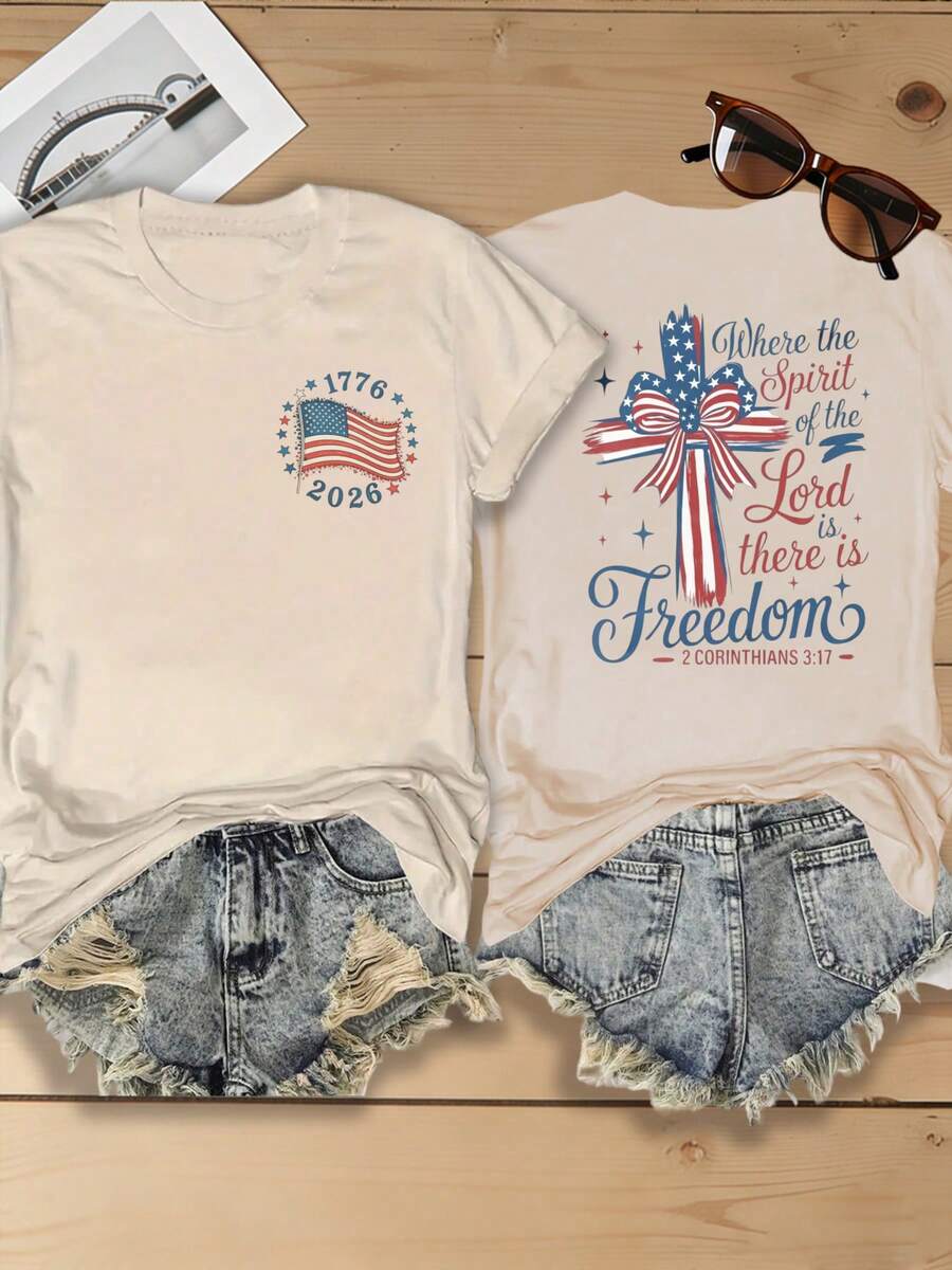 Women's 1776‑2026 USA Flag Cross Bow Freedom Letter Double‑Sided Print T‑Shirt, 180G Casual Summer Tops,Summer Outfits For Women, 4th Of July Outfit - 杏色4 - 查看 1