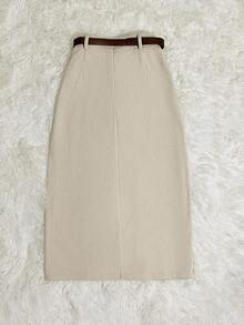 SMUM Women's Corduroy Skirt With Pockets And Slit, With Belt, In Khaki And Leopard Print - 湖藍色 - 查看 2