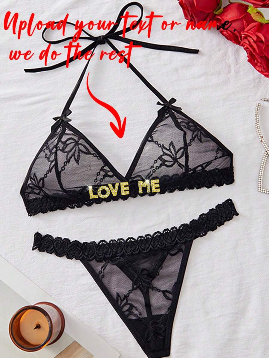 1 buah Set Pakaian Dalam Wanita Bergaya Menawan dengan Teks Kustom, Renda Hitam, Fungsional, dan Dapat Disesuaikan, Cocok untuk Acara Romantis/Hari Valentine - Hitam - View 1