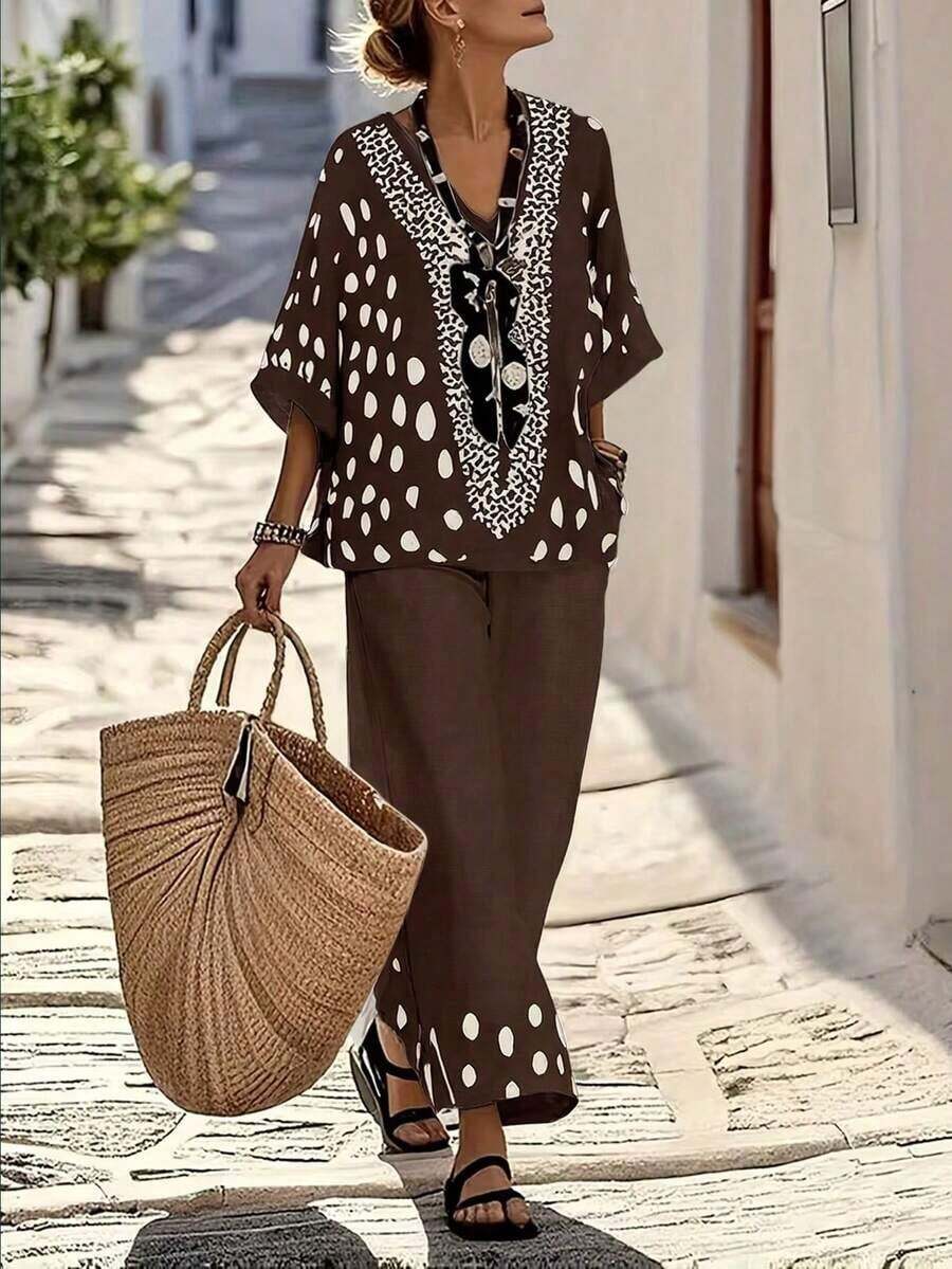 Conjunto de dos piezas con camisa de cuello en V con estampado de lunares y pantalones rectos de pierna ancha y suelta, conjunto de ropa casual de vacaciones para mujer - Multicolor - Ver 1