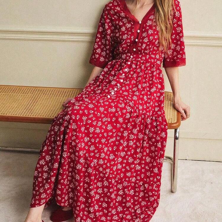 guangzhougaolangshangmao  Vestido de encaje con estampado floral diminuto elegante, adecuado para vacaciones y uso diario, primavera/verano - Marrón - Añade 5