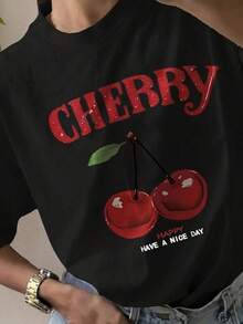 1 Piece Women's Casual Cotton Crew Neck T-Shirt, Unique Design T-Shirt With Bright Cherry Print And Happy "Have A Nice Day" Text, Perfect For A Y2K Style, Comfortable And  For Mexican Lovers, Available In Various Sizes. Stand Out On Any Occasion! - 黑色 - 查看 6