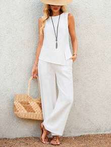 EMERY Conjunto de 2 piezas de top de tirantes y pantalones de unicolor casual de verano para mujer - Blanco - Ver 8