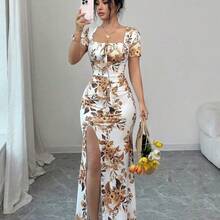 Nana's Women's Clothing Store  Vestido de verano de manga corta para mujer, vestido de vacaciones con estampado digital, vestido de playa y vacaciones con bajo con abertura, vestido largo con fruncido en la cintura - Blanco y Negro - Ver 2