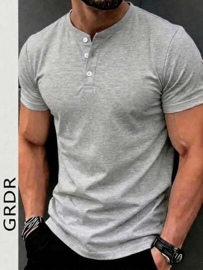  GRDR Men's Classic Solid Color Henley Neck Short Sleeve Shirt, Casual Essential Item, Summer Wardrobe Must-Have