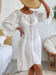 Swim Vcay Vestido cover up de croché en contraste de manga con volante - Gris - Ver 12