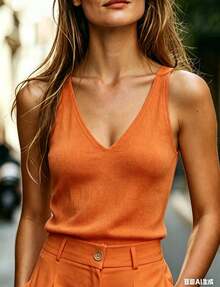 Plus Women's 2-Piece V-Neck Peplum Tank Top & High Waist Pleated Shorts Set, Solid Color Casual Outfit, Sleeveless Top With High-Waist Button Shorts, Lightweight Spring & Summer Wear For Home, Outdoor & Daily Use, All Ages,Two Piece Short Set,2 Piece Outfits Women,4th Of July Outfit Women,Vacation Outfits Women,Tropicoqueta Outfits,Business Casual Woman - 橘色 - 查看 1
