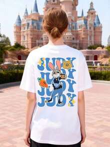 Lady's T-Shirt, Featuring Cartoon Pattern Of Judy Hopps From Disney Zootopia, With The Text "JUDY HOPPS", "EST. 2016" And "ZOOTOPIA". The Fabric Is Soft, Comfortable And Durable. This Is A Summer & Autumn Women's Round-Neck T-Shirt, Perfect For Theme Park Trips And Casual Daily Wear - White - View 2