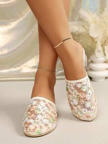 Sandales à talons hauts pour femmes, sandales à talons épais avec motif en dentelle et cristaux, chaussures de style mature à la mode pour les sorties et les rendez-vous - Nude - Voir 5