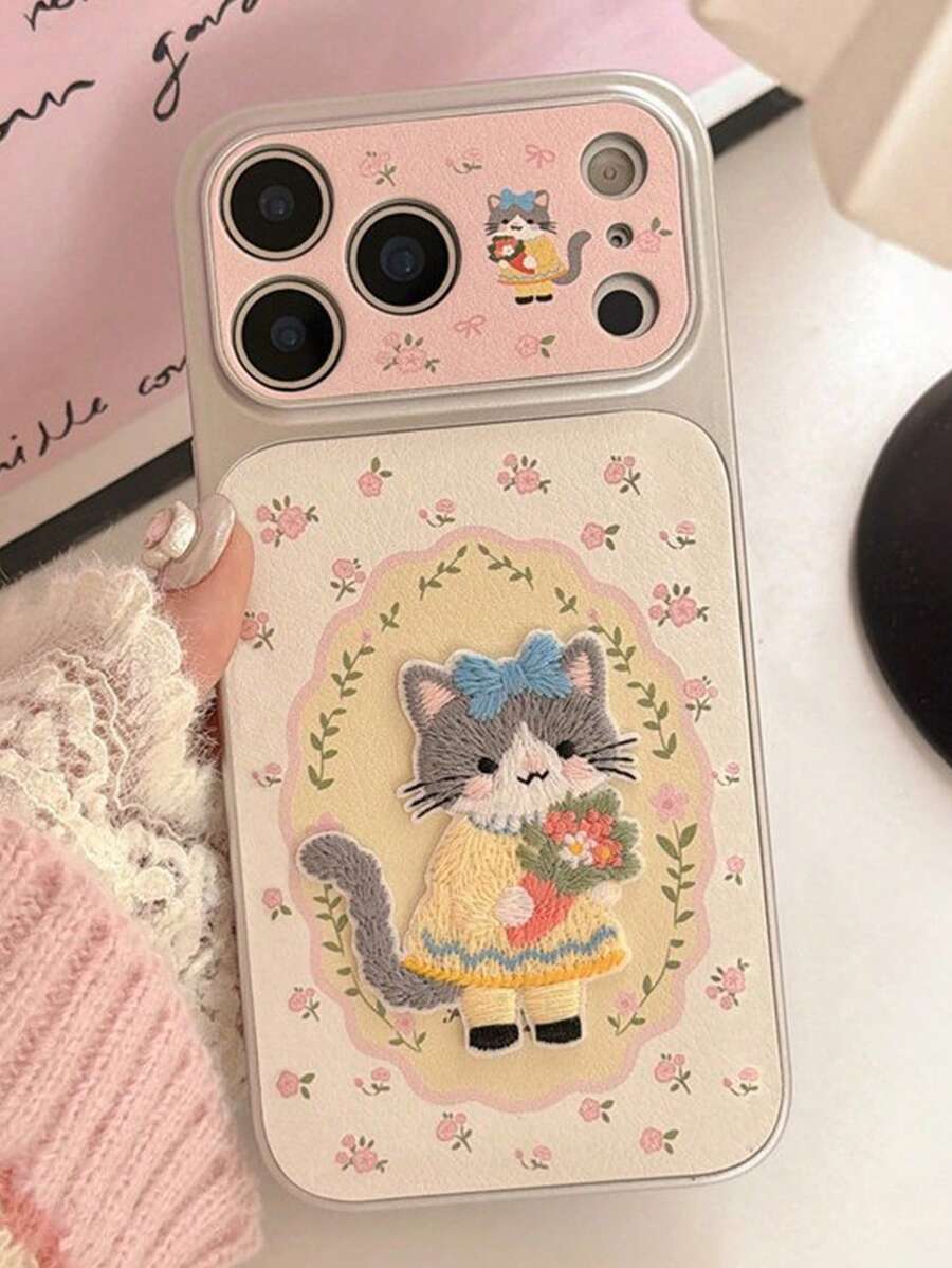 1 pieza Funda de teléfono con gato plateado brillante + gato bordado con flor, adecuada para iPhone 11-17 Pro Max - Rosa - Ver 1