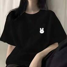 Unisex Short-Sleeved T-Shirt With Adorable Rabbit Print, Loose Fit, 100% Cotton, Black, Versatile. - 黑色 - 查看 1