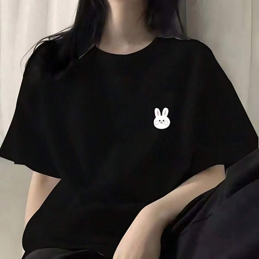 Unisex Short-Sleeved T-Shirt With Adorable Rabbit Print, Loose Fit, 100% Cotton, Black, Versatile. - 黑色 - 查看 1