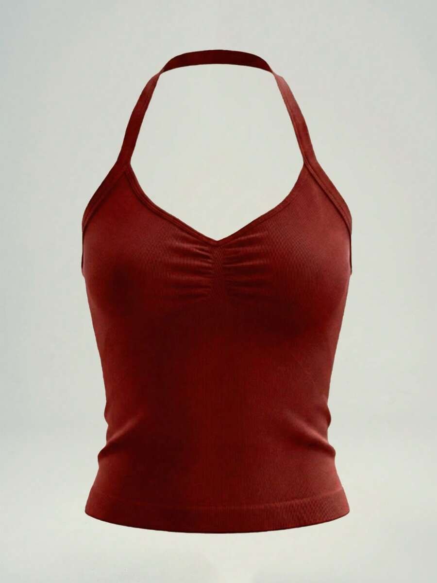 UONNOU Women's Halter Neck Ruched Front Crop Tank Top, High Stretch Seamless Short Workout Yoga Cami - Red - View 1