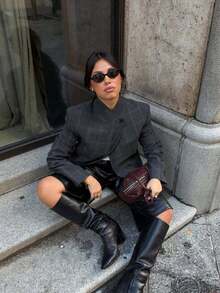 女款復古格紋不對稱立領西裝外套，美拉德棕燕麥色休閒法式通勤夾克，不對稱設計寬鬆大廓形外套 - 深灰色 - 查看 2