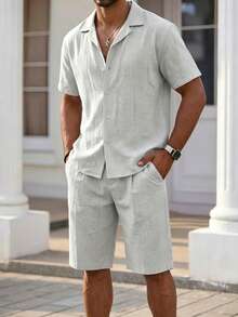 Conjunto de estilo vacacional con textura de lino, camisa de cuello cubano y pantalones cortos sueltos, conjunto de dos piezas - Gris Claro - Ver 1