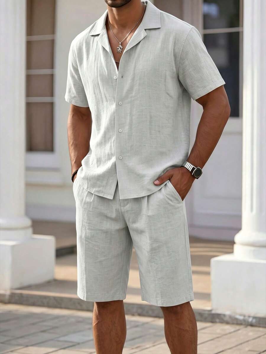 Conjunto de estilo vacacional con textura de lino, camisa de cuello cubano y pantalones cortos sueltos, conjunto de dos piezas - Gris Claro - Ver 1