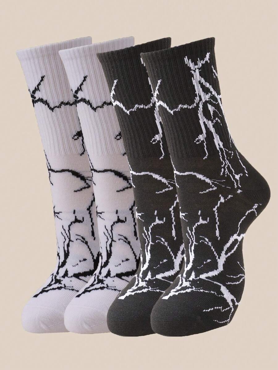 1/2/4/8 Pasang Kaos Kaki Pria Acak Motif Petir Gaya Vintage Streetwear Nyaman Serbaguna - MultiWarna - View 1