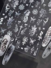 1pc 5D Shiny Starlight Crescent Moon Holy Sword Cross Nail Art Stickers Charms Bowknot Rose Butterfly Angel Manicure Decals Decorations Accessories Press On Nails DIY Nail Art Supplies Design For Women Girls Nails - White - View 2